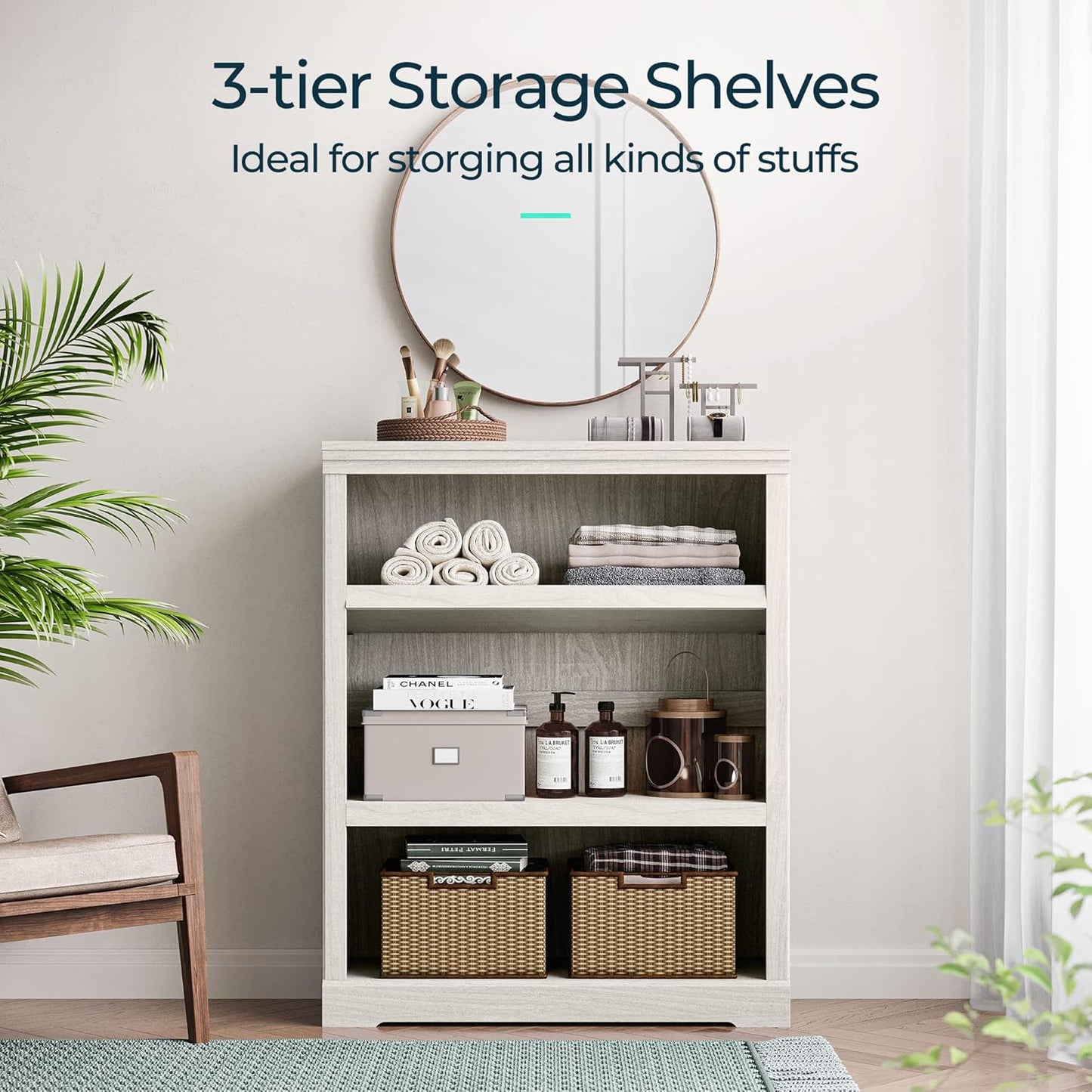 LINSY HOME 3-Tier Bookcase and Bookshelf, Small Wood Display Storage Shelves Farmhouse Bookshelf for Home Office, Living Room, Bed Room - White Oak