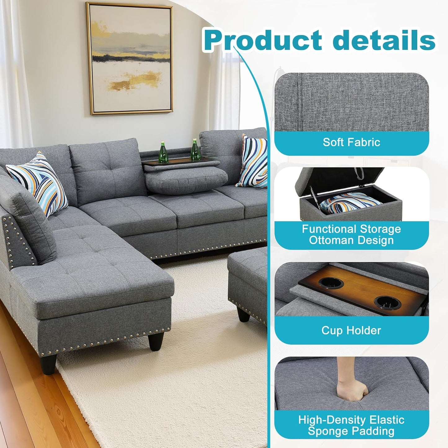 L Shaped Couch Modern Sectional Couch Upholstered Linen Fabric 3 Pieces Sofas for Living Room with Chaise, Storage Ottoman for Office and Small Apartment, Charcoal