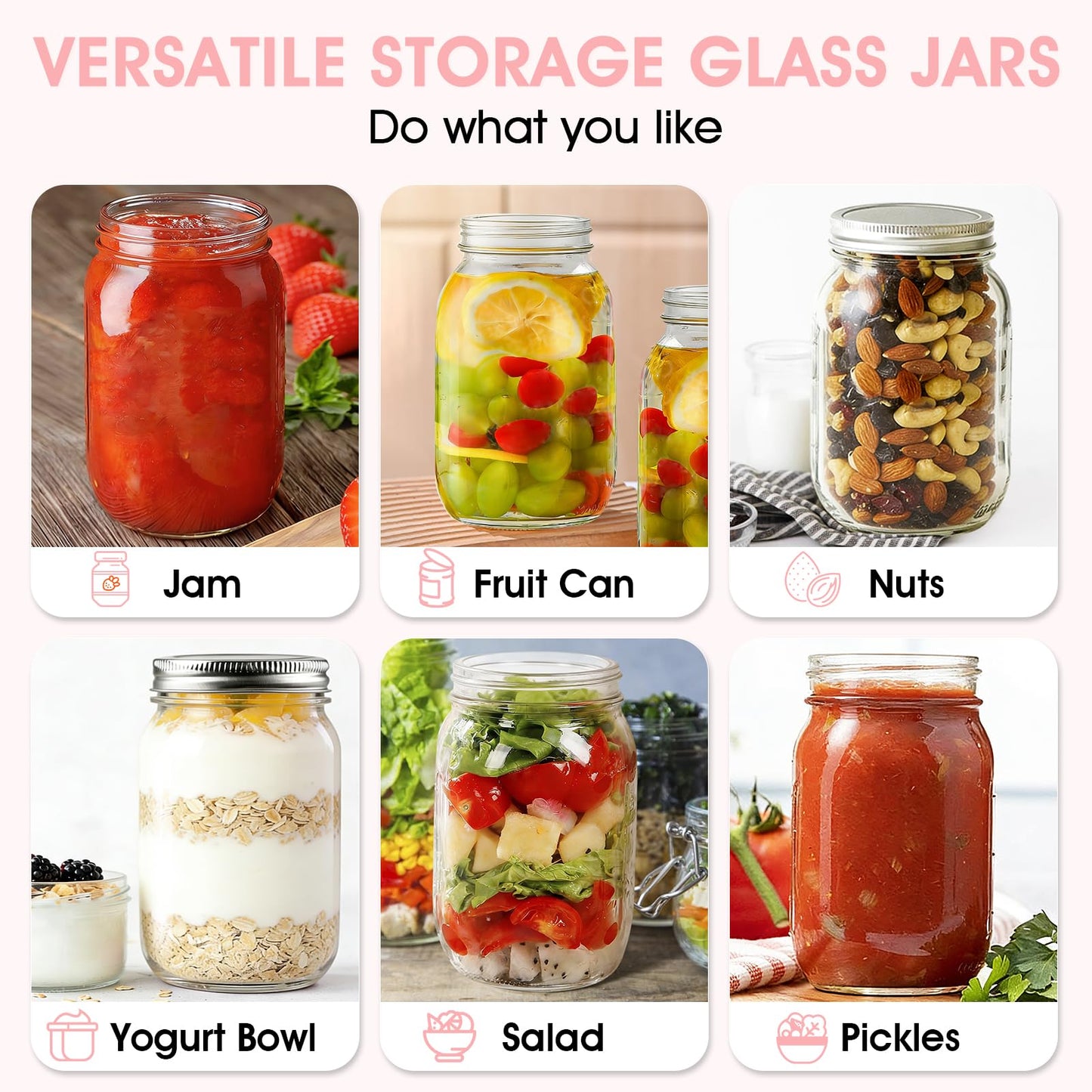 32oz Regular Mouth Mason Jars 2-Pack with Airtight Lids, Glass Canning Jars for Meal Prep, Overnight Oats, Jam & Food Storage, BPA-Free Clear Glass Jars for Canning, Fermenting & DIY Crafts