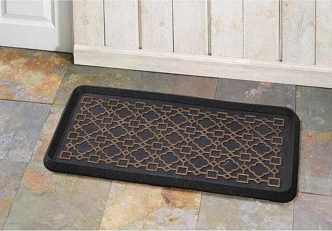 HF by LT Mosaic Tile Rubber Boot Tray, 32 x 16 inches, One-Piece Seamless Construction, Durable Vulcanized Rubber, Year Round Use Indoors/Outdoors, Black with Brushed Brass