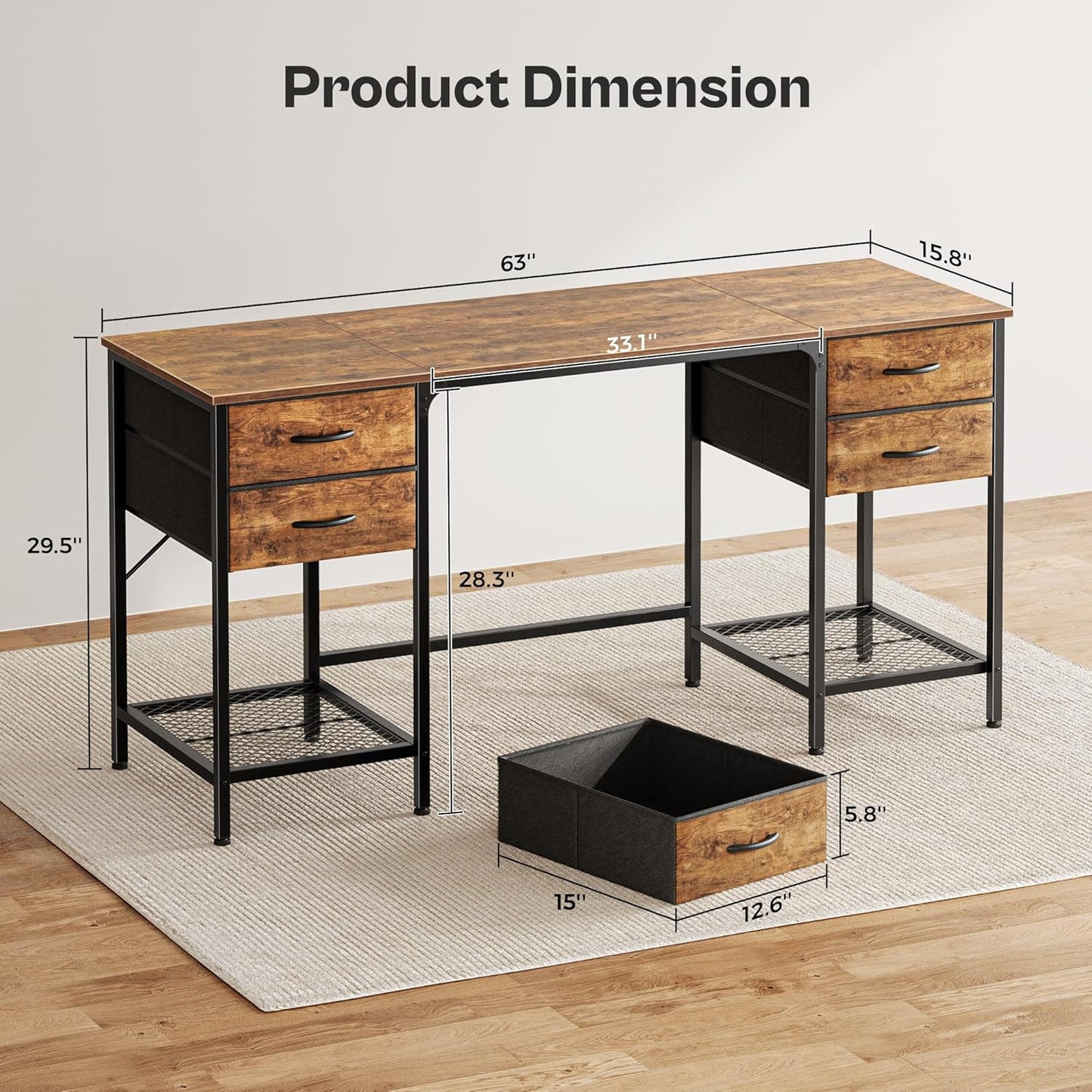 Huuger 63 Inch Computer Desk with 4 Drawers and Mesh Shelf, Gaming and Work Desk for Home Office, Study, Bedroom, Work from Home, Rustic Brown