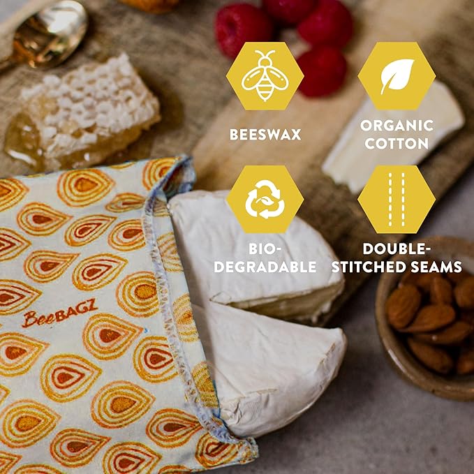 BeeBAGZ - Beeswax Wrap Storage Bag, Reusable Food Storage Bags, Pack of 3, Plastic Free Biodegradable Food Wrap Alternative, Starter Pack, 1 Small + 1 Medium + 1 Large, (Orange)
