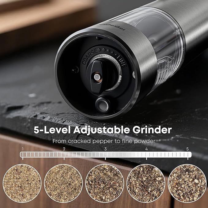 Electric Salt and Pepper Grinder One-hand Operated, Adjustable Coarseness, Stainless Steel body Ceramic Burrs,Pepper Shakers Mills with LED Light,House Warming Cooking Gift