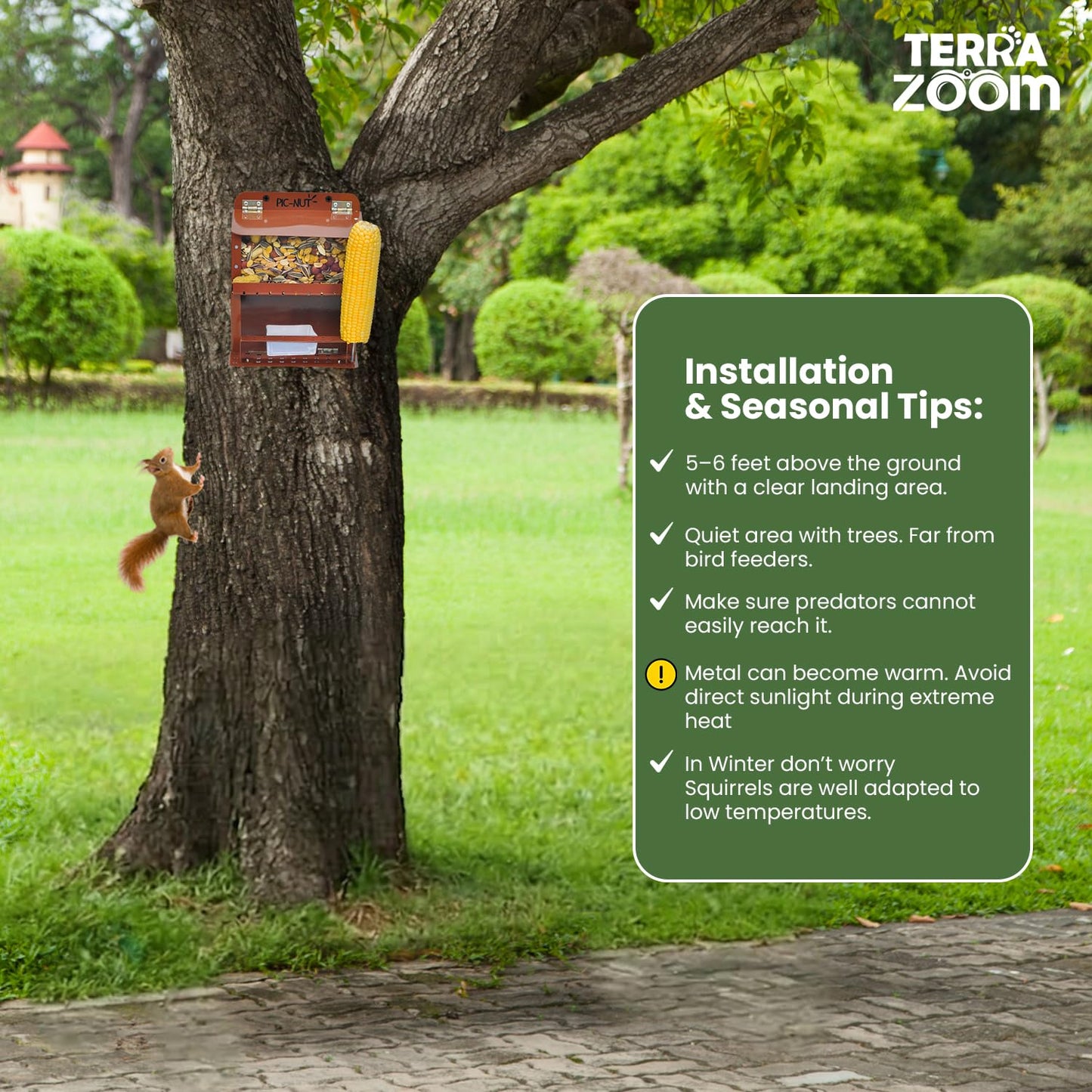 Metal Squirrel Feeder - Avoid Food Moisture and Spilling - Safe, No Assembly Needed - Chew & Weather Resistant - Squirrel Feeders for Outside - Terra Zoom Squirrel Bar - Pic-Nut