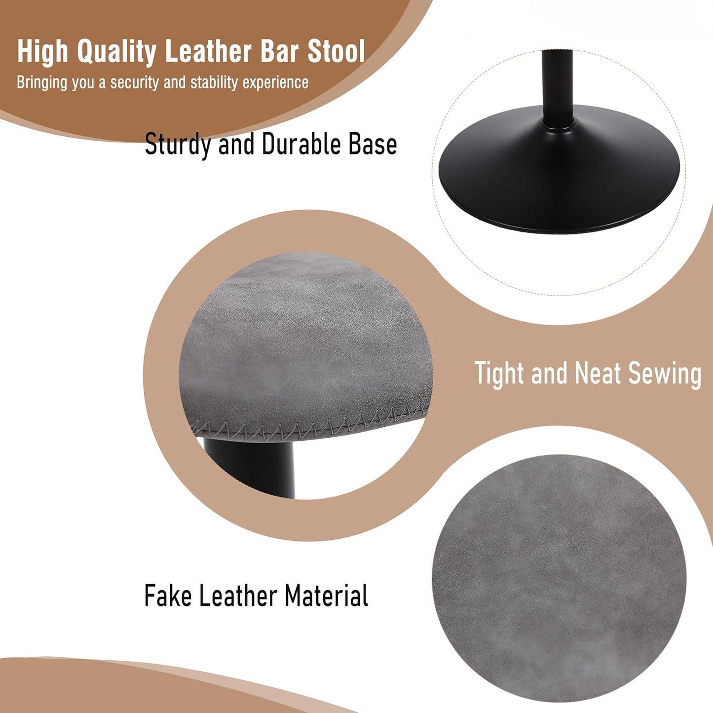 Bar Stools, Swivel Counter Height Barstools with Back, Adjustable Modern Bar Chairs, Tall Armless PU Leather Kitchen Island Stool (Grey, Set of 1)