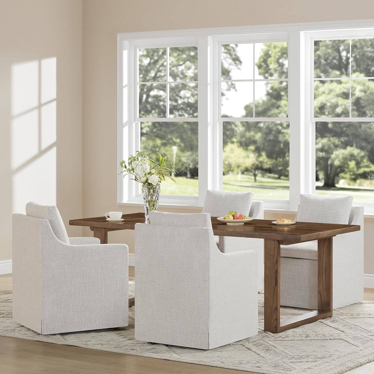 Upholstered Dining Chairs with Casters Easy Assembly Side Deskchair with Rollers for Diningroom, Living Room, Linen, 1 Box