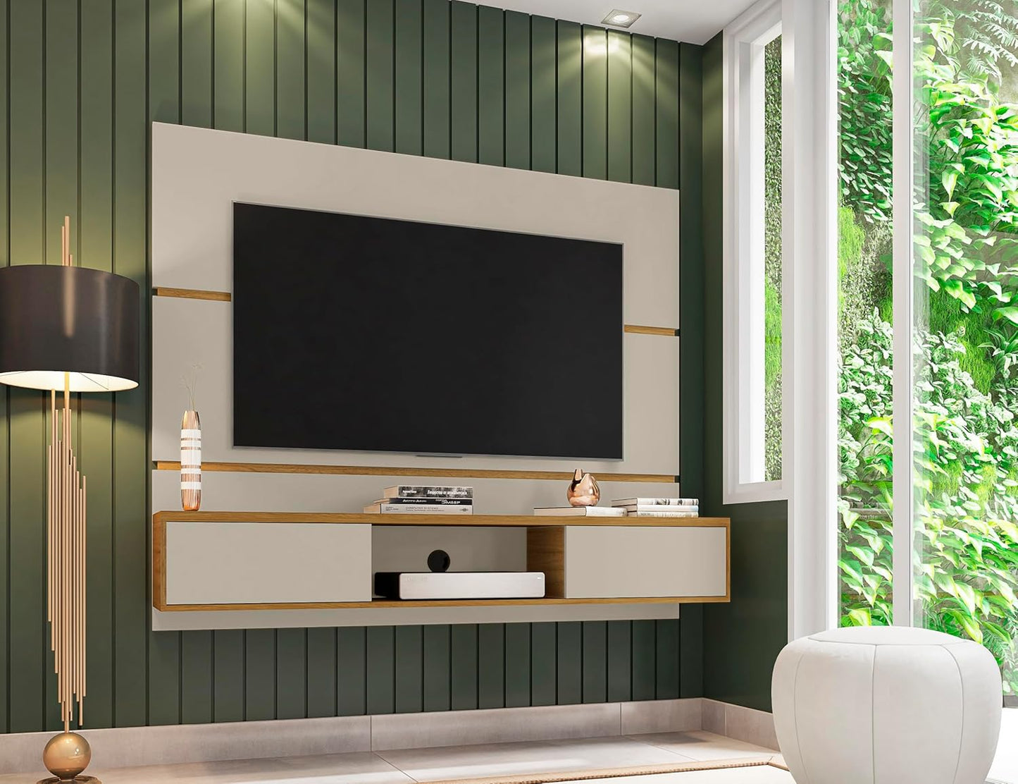 Manhattan Comfort Vernon 62" Floating Entertainment Center, Wall Mounted TV Stand for 55'' Television with Concealed & Open Storage, Hole for Cable Management, Off-White and Cinnamon