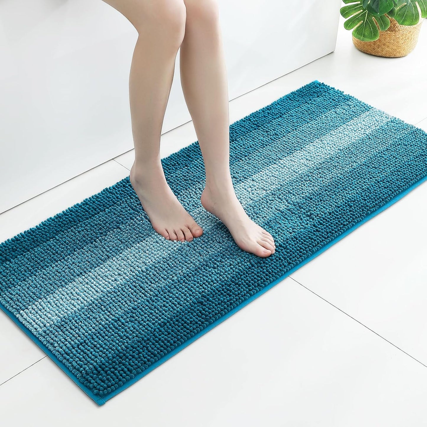 Gibelle Long Bathroom Rugs, Luxury Chenille Bath Mat, Small Non Slip Shower Rug and Bath Room Floor Mats, Machine Washable, Quick Dry Bathmat, Soft Cozy Plush Rug for Tub, 20" x 47", Teal