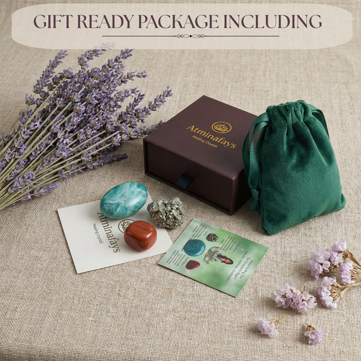 Atminafays Abundance Healing Crystal Set for Success & Good Luck -Large Amazonite,Raw Pyrite, Red Jasper for Yuga & Meditation, Travel Protection, Gift Set with Guidebook & Velvet Pouch