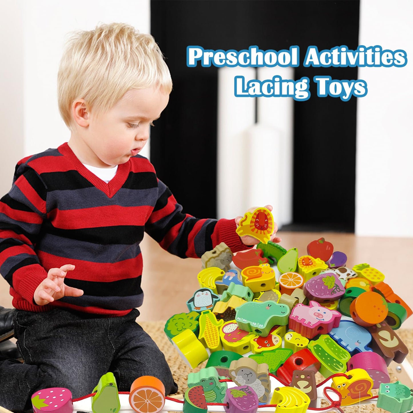 exinddea 46 PCS Wooden Lacing Beads,Animals Fruits Threading Toys for Toddlers,Preschool Learning Lacing Toys,Montessori Educational Stringing Threading Beads Toys for Kids 3 4 5 6 Year Old Boys Girls