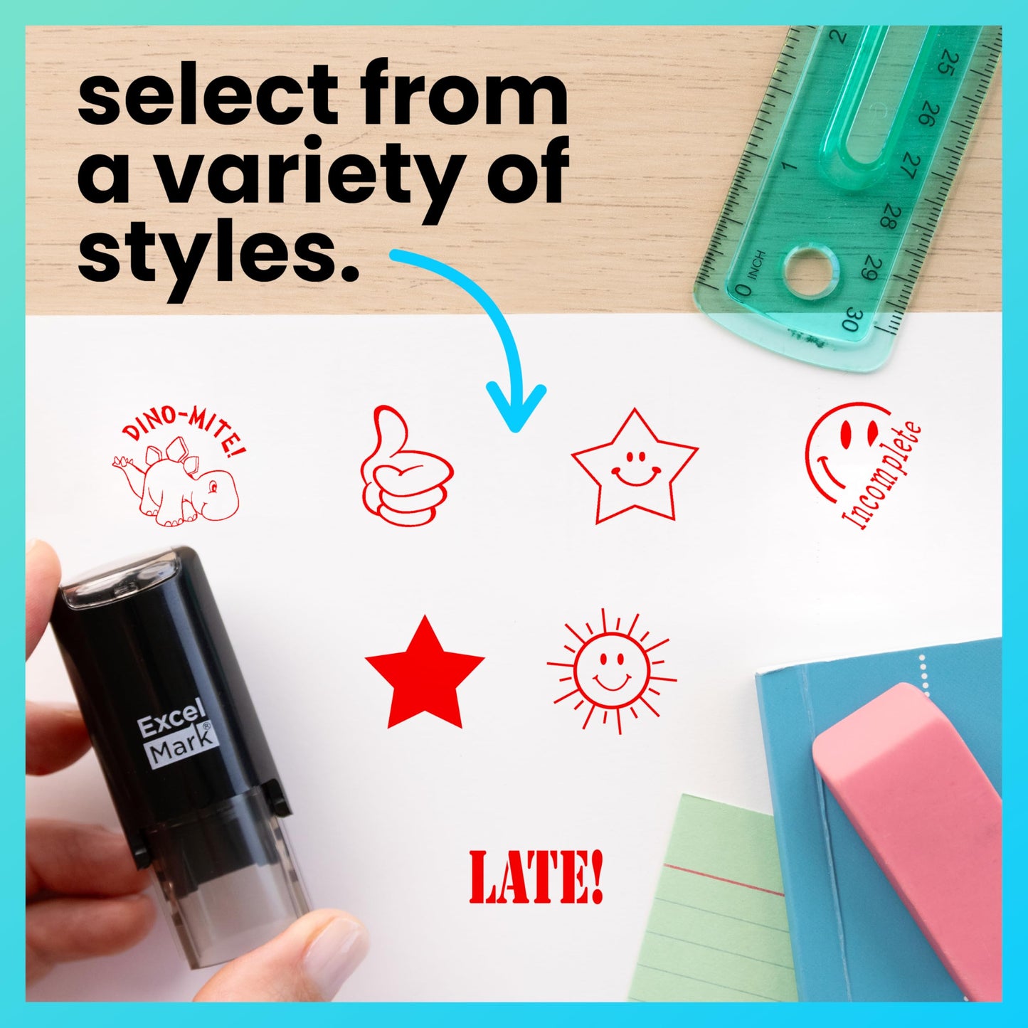 ExcelMark Happy Sun - Round Self-Inking Teacher Stamp - Red Ink