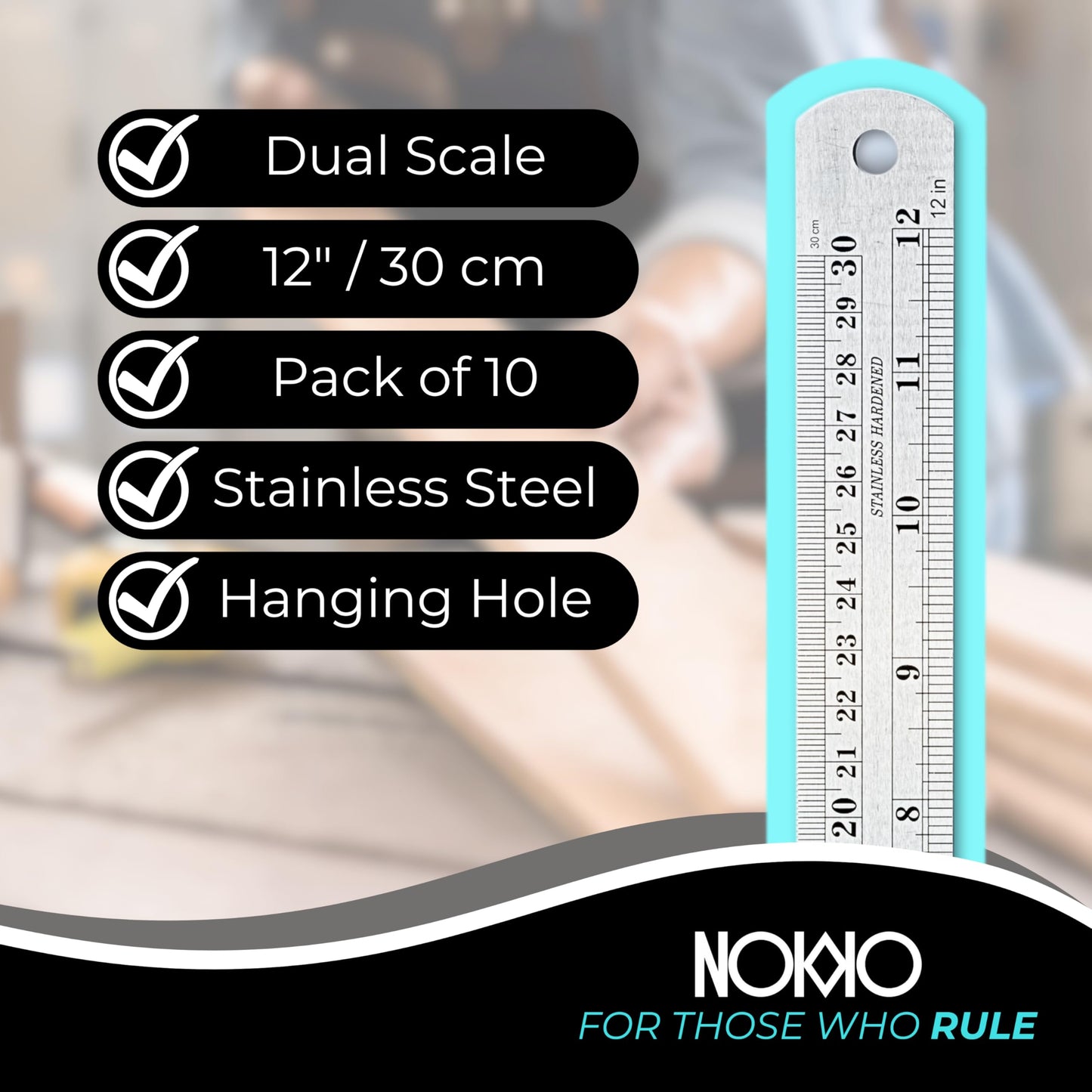 NOKKO Metal Ruler 12 Inch - Pack of 10 - Measuring Set of 12-Inch / 30 cm Stainless Steel Rulers with Imperial & Metric Measurements & Conversion Table - Metal Straight Edge Ruler for Cutting