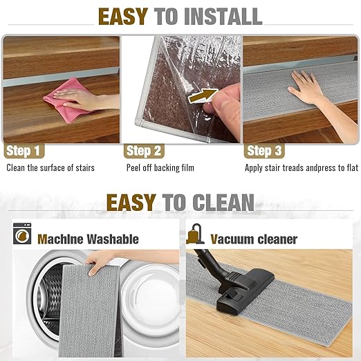 Stair Treads Non Slip for Wooden Steps Indoor 10" x 30" 15 Pack Extra Wide Stair Tread Carpet Stairs Runner, Step Pads with Reusable Adhesive for Dogs Kids Elders, Machine Washable, Light Grey