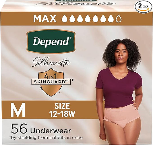 Depend Silhouette Adult Diapers, Incontinence & Postpartum Bladder Leak Underwear for Women, Maximum Absorbency, Medium, Pink, 56 Count (2 Packs of 28), Packaging May Vary