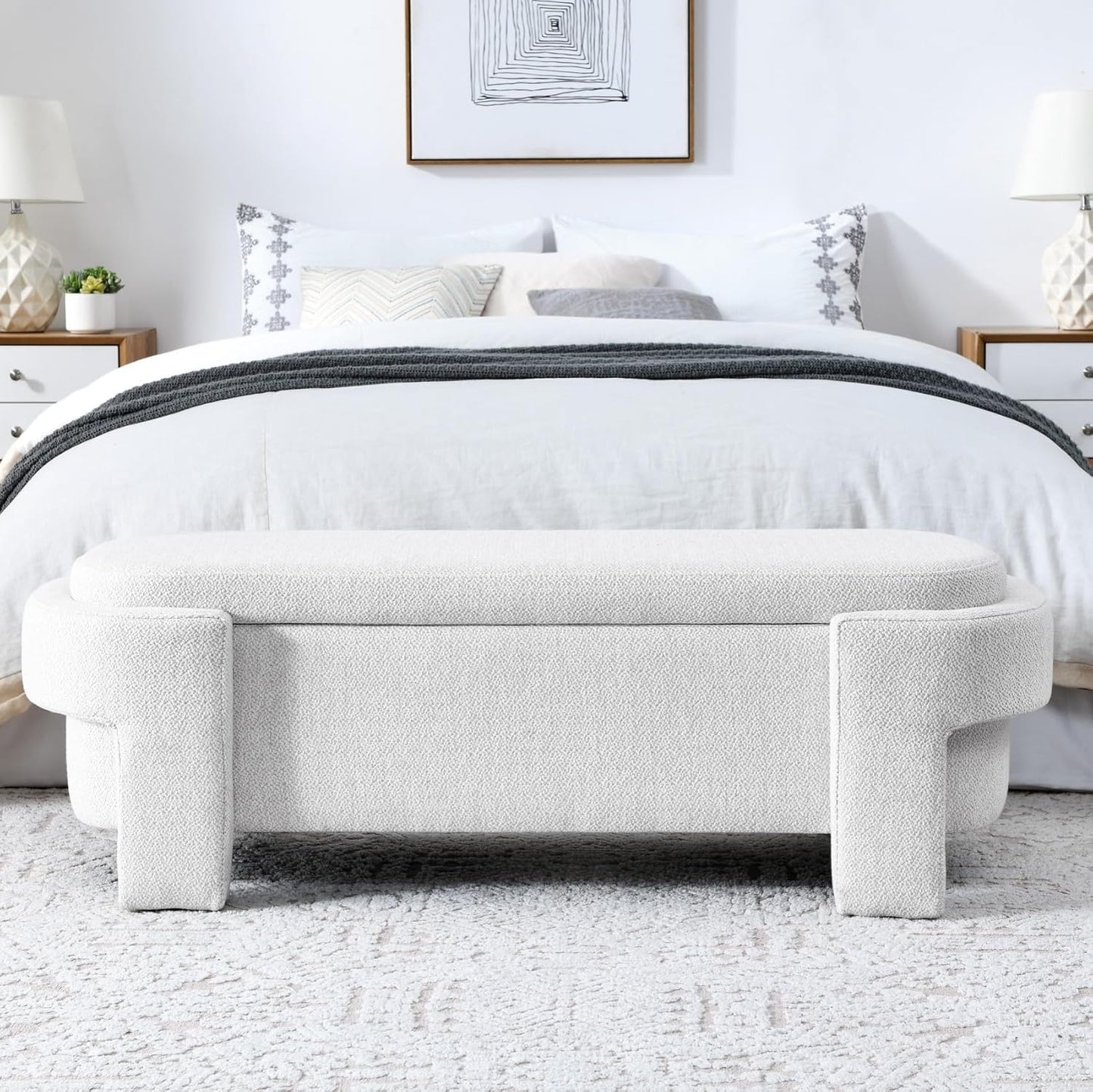 KEIKI 51" Linen Ottoman Bench with Large Storage Space, Upholstered Seating Foot Rest Stool Furniture for Bedroom, Living Room, Entryway, White