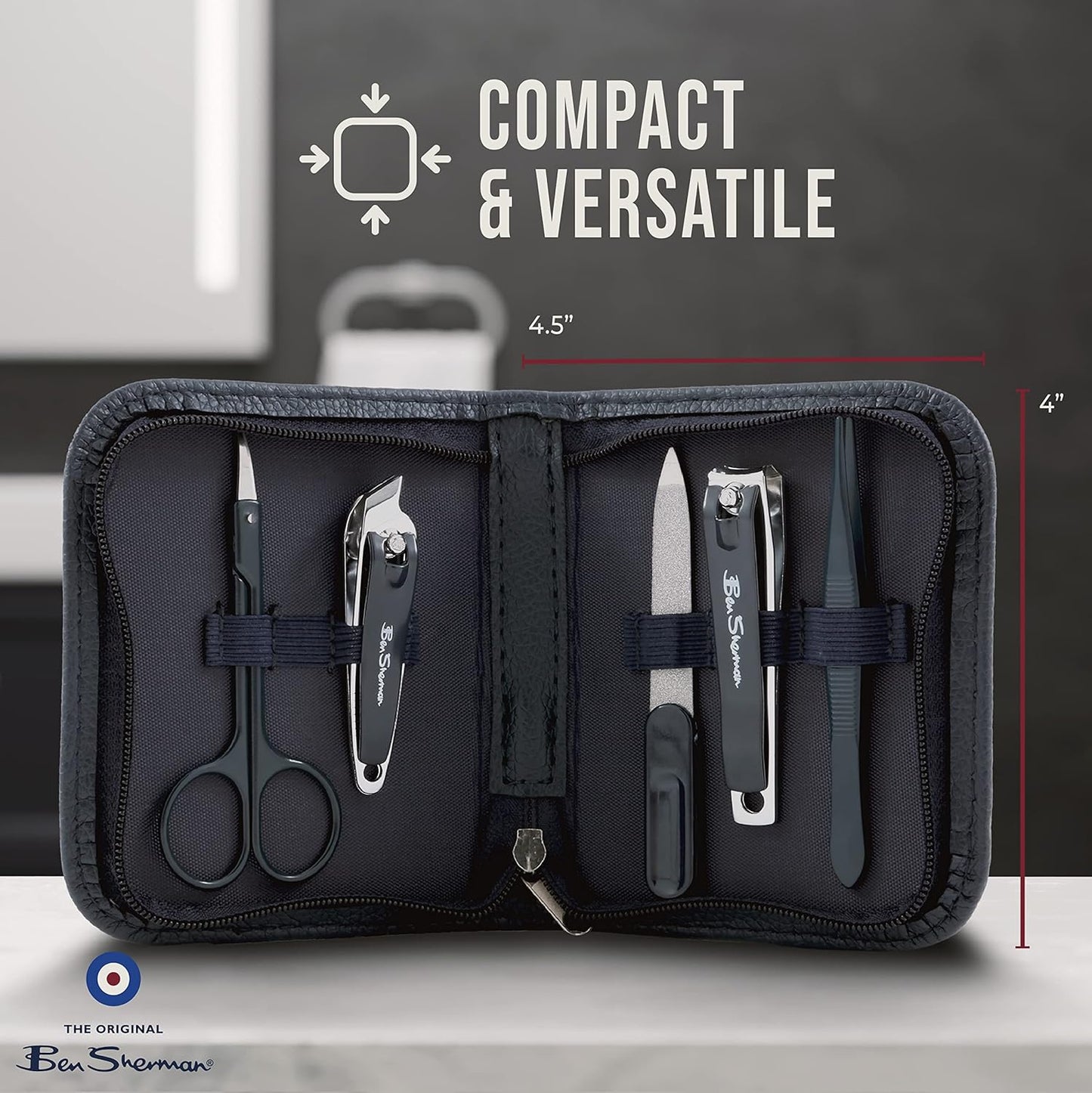 Ben Sherman Nail Clippers for Men Travel Size Nail Clipper Set, 5 Pcs Mens Nail Grooming Kit includes Nail Clippers, Scissors, Tweezers and Leather Traveling Case