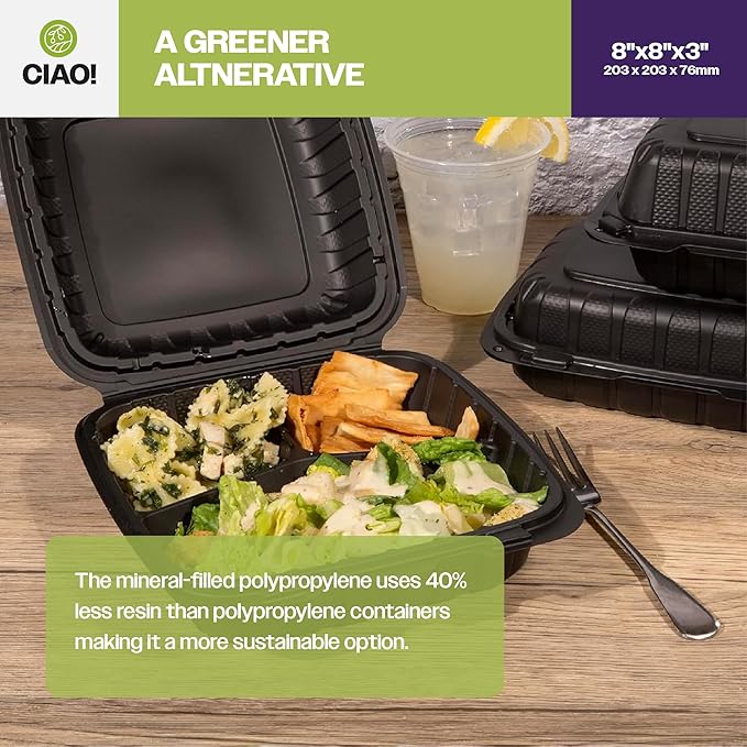 CIAO! 8"x8"X3" MFPP Black Hinged Container With Lid 3 Compartment (Case of 200)