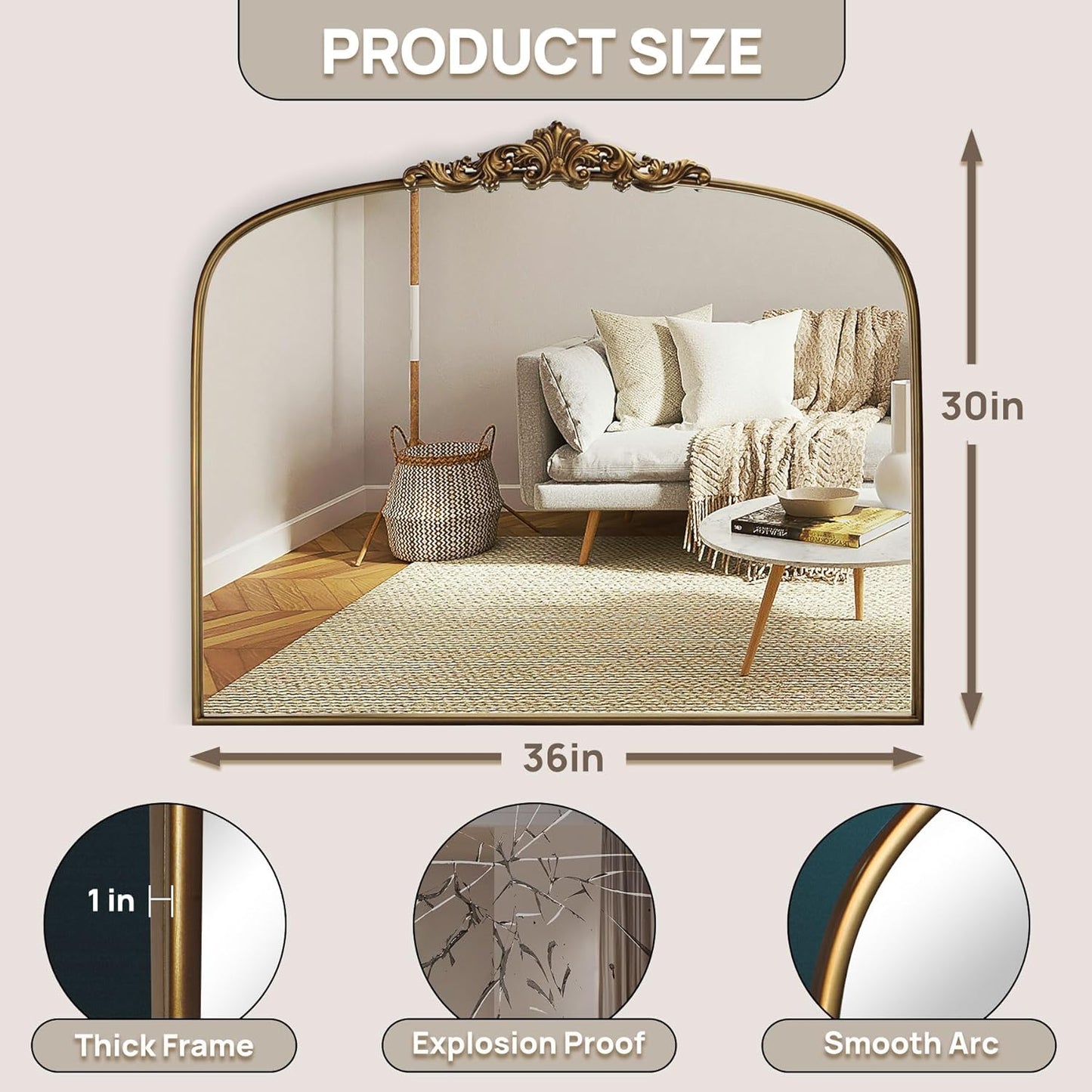 Vintage Gold Ornate Baroque Mirror - 36"X30" Arched Antique Brass Mirror with Full Metal Frame - Ideal for Entryway, Fireplace, Living Room, Hallway, Bathroom