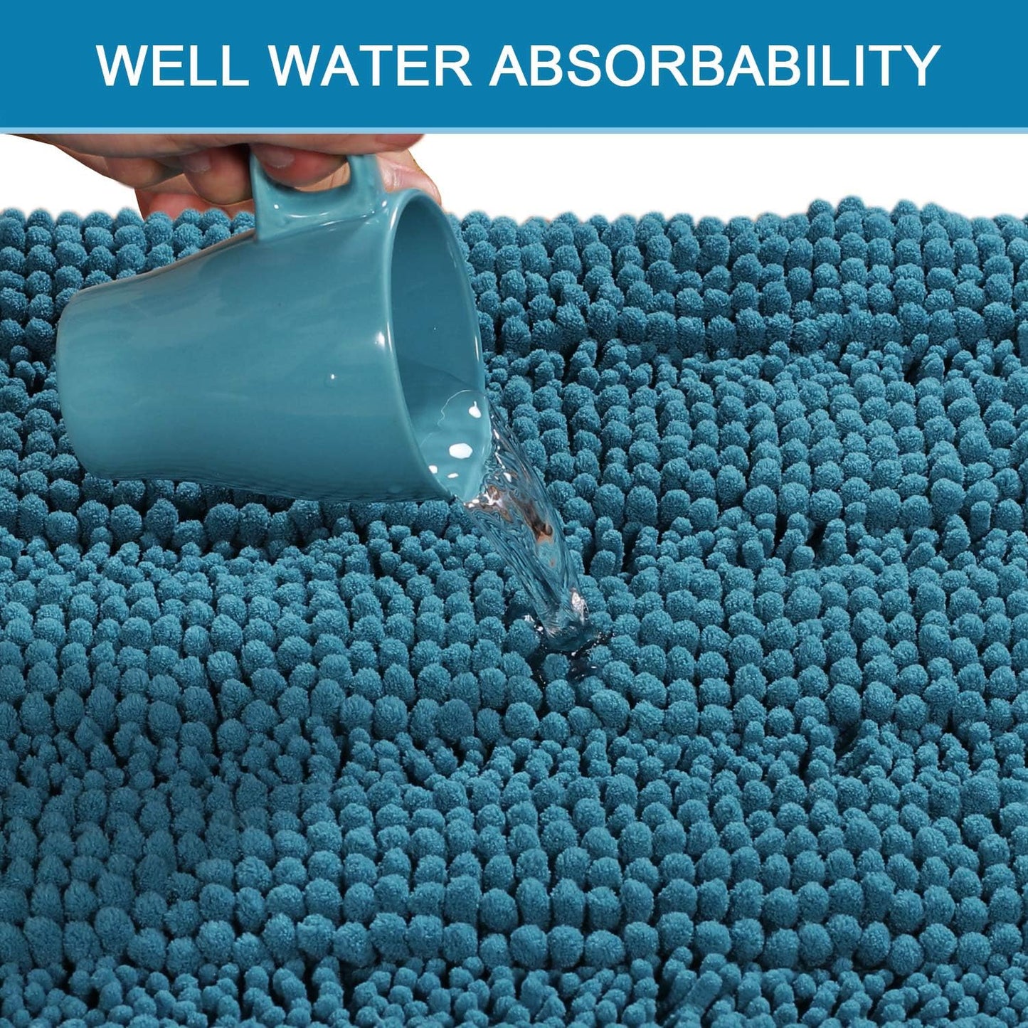 H.VERSAILTEX Bath Rugs for Bathroom Non Slip Bath Mats Extra Thick Chenille Striped Rug 20" x 32" Absorbent Non Skid Fluffy Soft Shaggy Washable Plush Mat for Indoor, Bath Room, Tub - Turquoise Blue