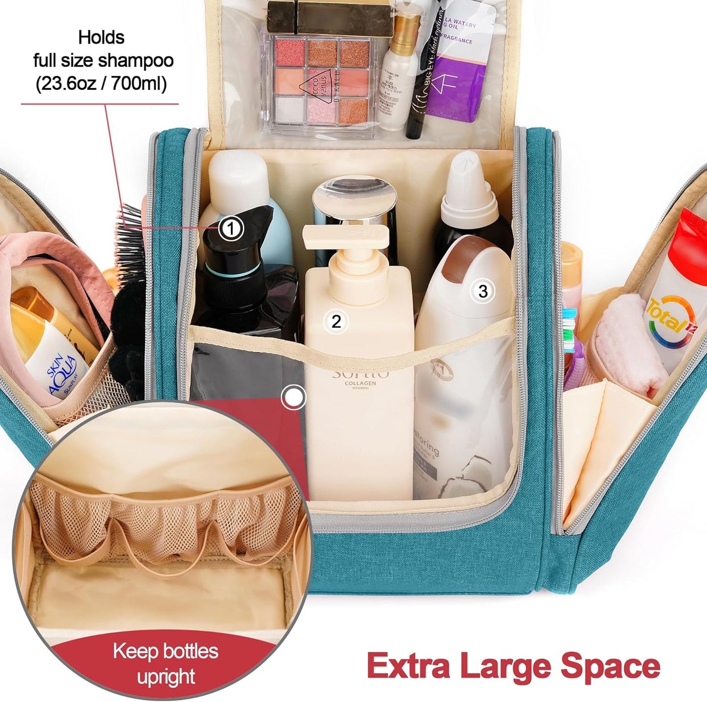 Extra Large Toiletry Bag for Women and Men, 6 Organizer Compartments, Holds Full Size Shampoo, with Hanging Hook Cosmetic Bag, Travel Makeup Bag, Bathroom Water-resistant Toiletries Bag, Blue