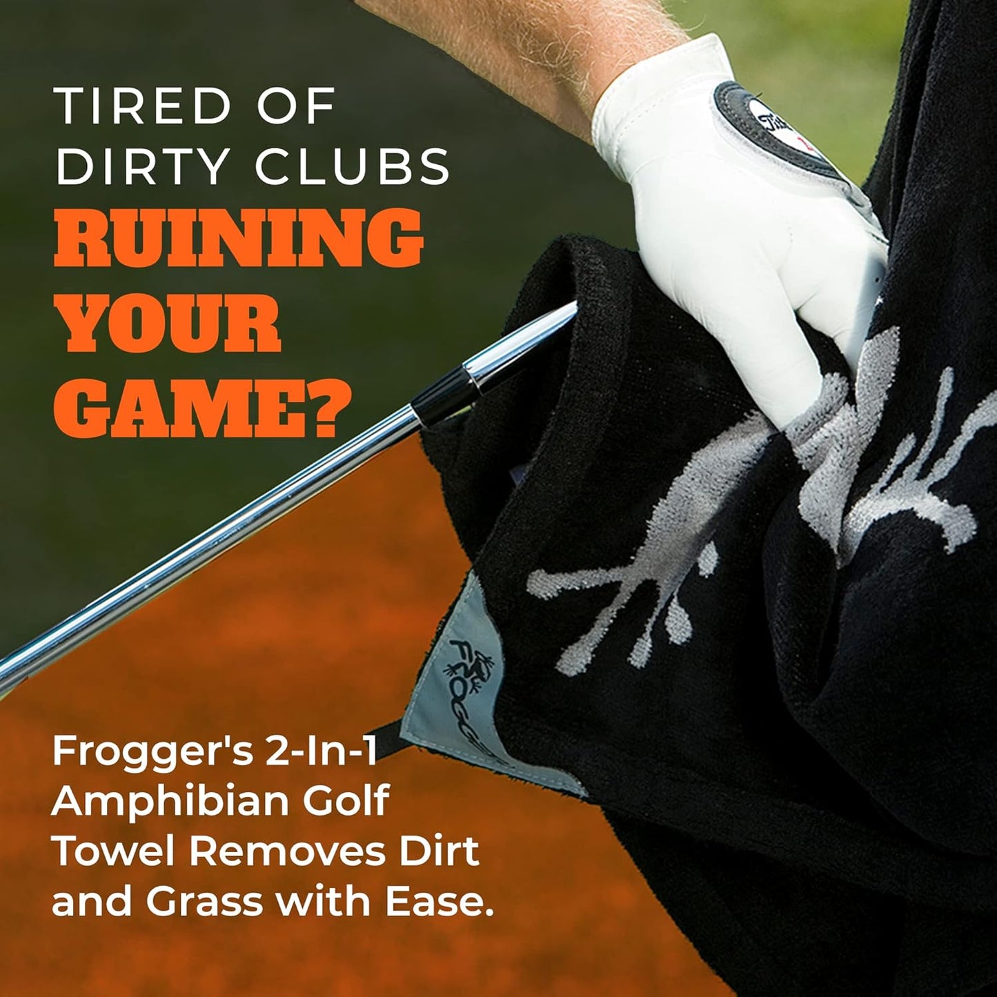 Frogger Amphibian 2-in-1 Golf Towel with Wet and Dry Technology, Orange/Black, Premium Golf Bag Accessory with Carabiner Clip, Ultra Absorbent, for Golf Dads