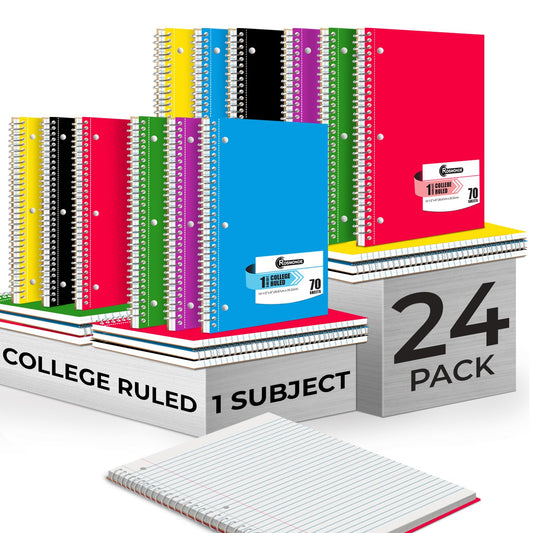 Rosmonde Spiral Notebook, 24 Pack, 1 Subject, College Ruled, 70 Sheets, 8 x 10-1/2", 3 Hole Punched, Bulk College Ruled Notebooks for School, Single Subject Spiral Notebook Bulk, Assorted Colors