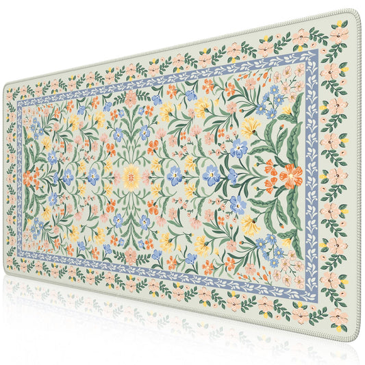iCasso Desk Matt for Desktop, Desk Pad Mat, Green Floral Computer Mat for Keyboard and Mouse, XXL Large Mouse Pad, Anti-Slip Big Mousepad with Stitched Edges (Green)