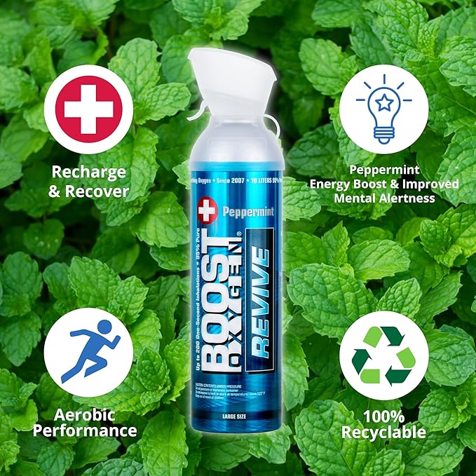 Boost Oxygen Large Revive Peppermint Aroma 10L Canister | Respiratory Support for Aerobic Recovery, Altitude, Performance & Health (2 Pack)