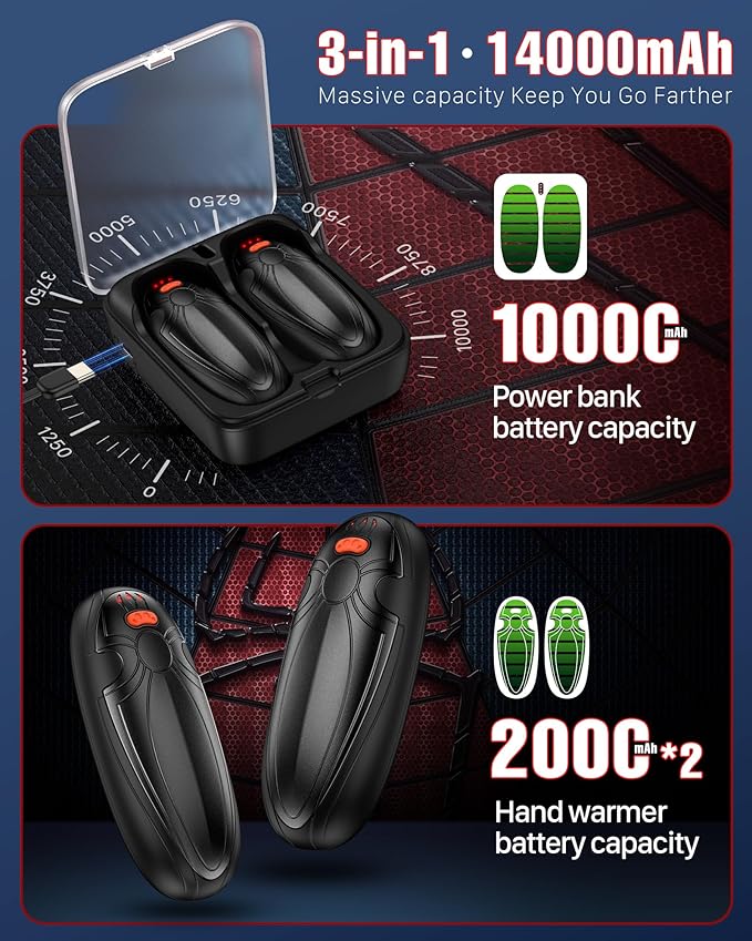 Hand Warmers Rechargerable 2 Pack - 14000mAh Electric AI Handwarmers with Charging Case, Magnetic 2 in 1 Pocket Heater, Gifts for Women/Men/Golf/Hunting/Travel/Camping Accessories