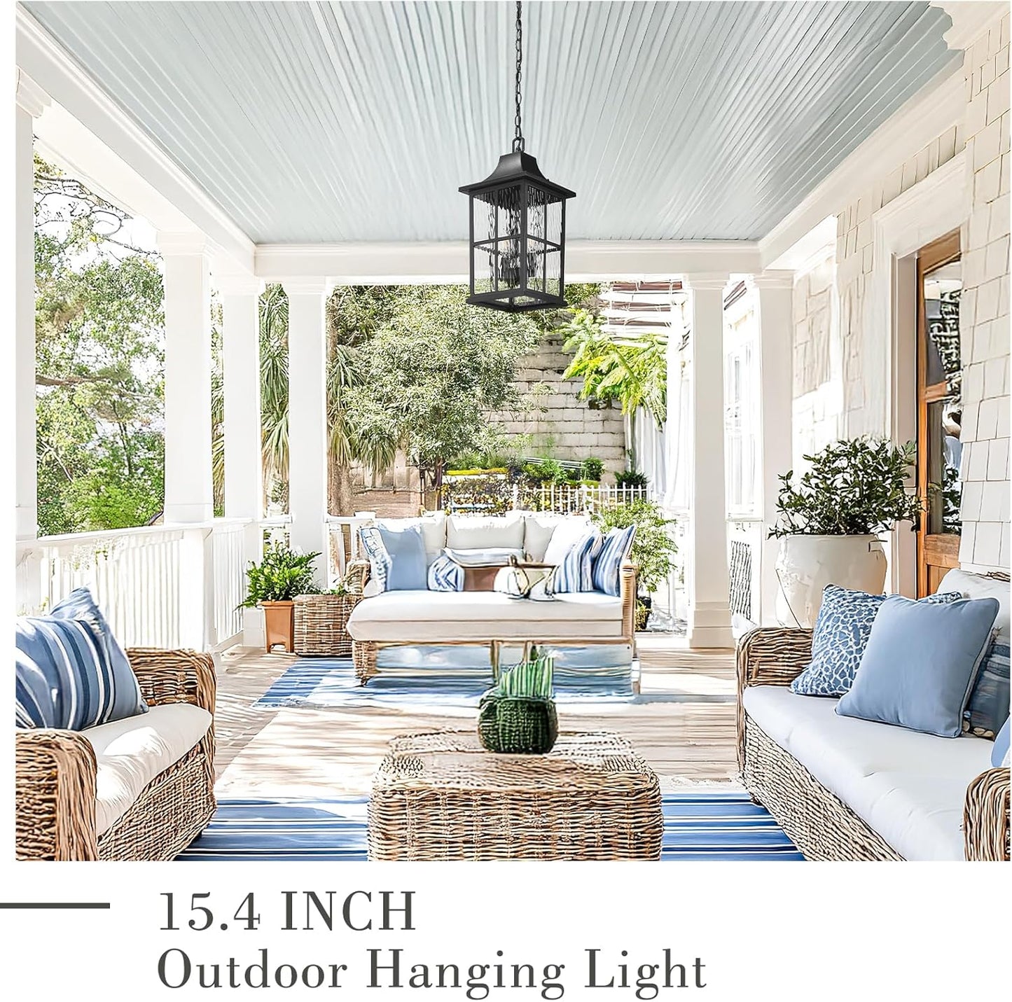 Emliviar 15.4 Inch Adjustable Exterior Lantern Hanging Light, Dusk to Dawn Sensor Hanging Lantern Light Fixture, Water Ripple Glass, 2 x E12 Bulb Base, YXE306H-M-PC BK-SW
