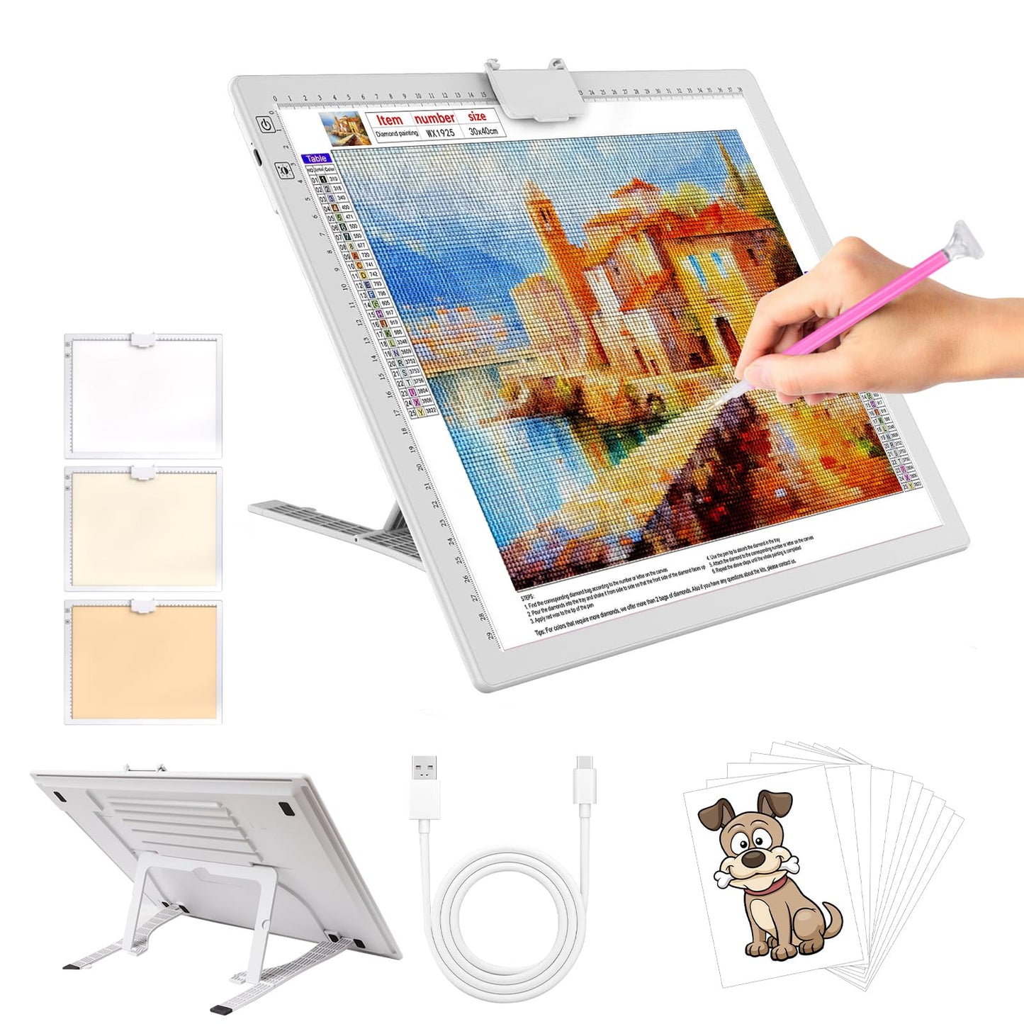 YINGWOND A3 Rechargeable LED Light Pad,Light Box for Tracing with Integrated Stand,3 Light Colors 6 Levels of Brightness and ste
