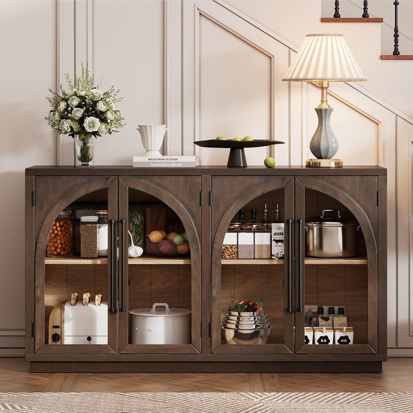 Merax Wood Farmhouse Buffet Sideboard with Adjustable Shelves and 4 Glass Doors, Coffee Bar Cabinet TV Stand for Living Room Bedroom Kitchen Espresso