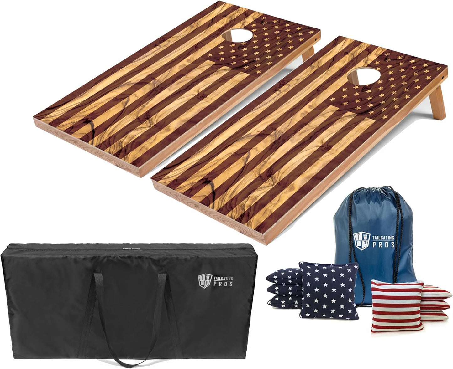 Tailgating Pros Cornhole Boards - 4'x2' Lightweight Regulation Flag & Patriotic Outdoor Themed Cornhole Game w/Carrying Case & Set of 8 Corn Hole Bean Bags w/Tote
