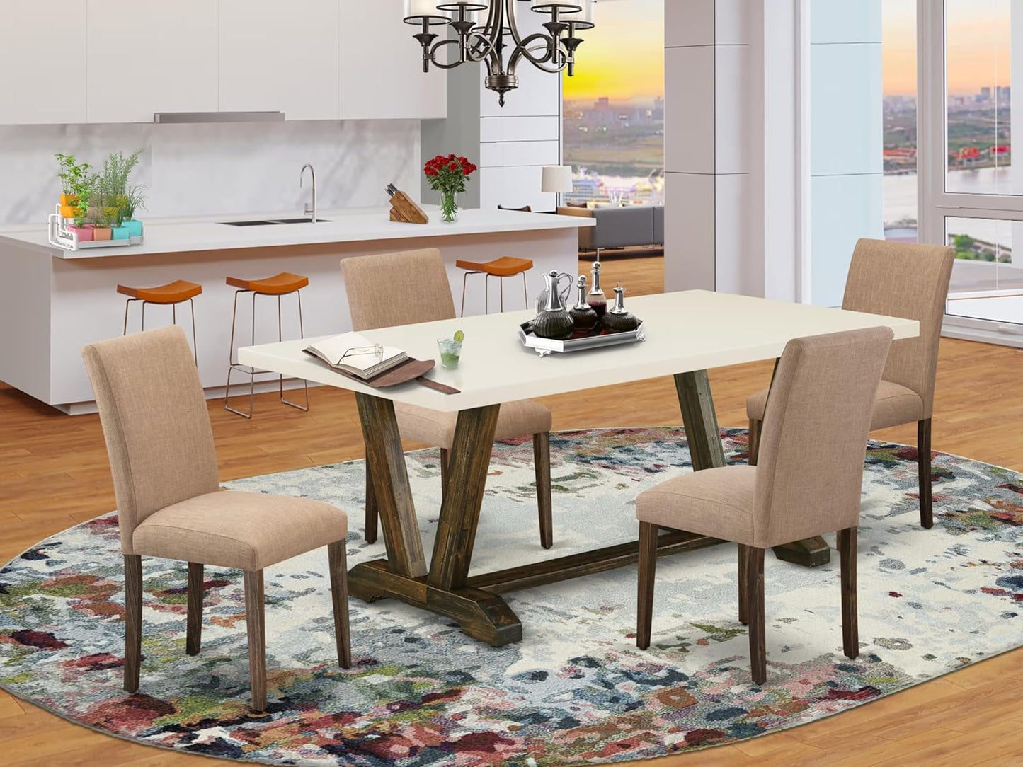East West Furniture V727AB747-5 5 Piece Kitchen Table Set for 4 Includes a Rectangle Dining Room Table with V-Legs and 4 Light Sable Linen Fabric Parsons Chairs, 40x72 Inch, Multi-Color