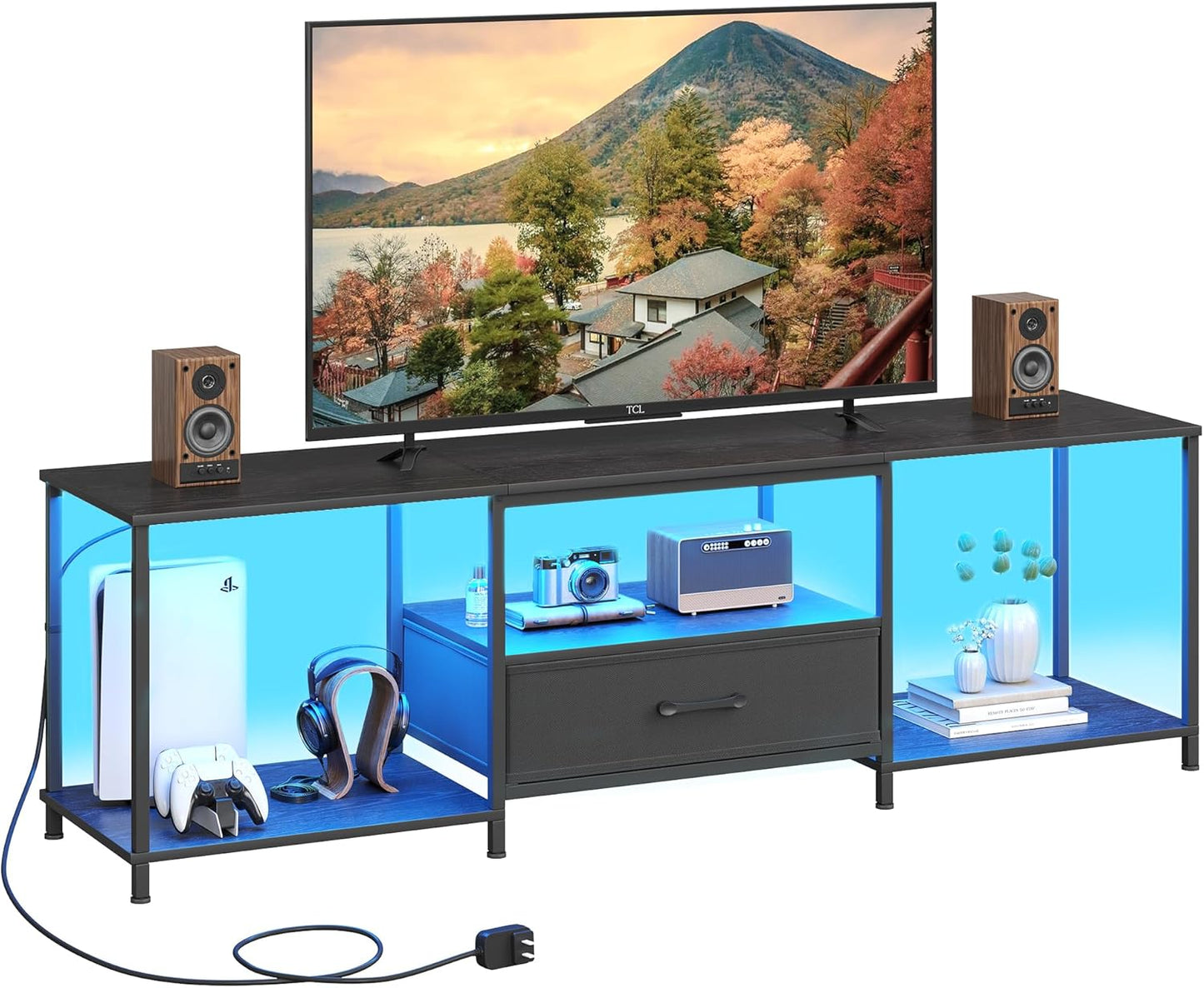 TV Stand with LED Lights, Entertainment Center with Open Shelves and Fabric Drawer, Media Console for 75 Inch TV, Television Stands for Living Room, Bedroom, Black