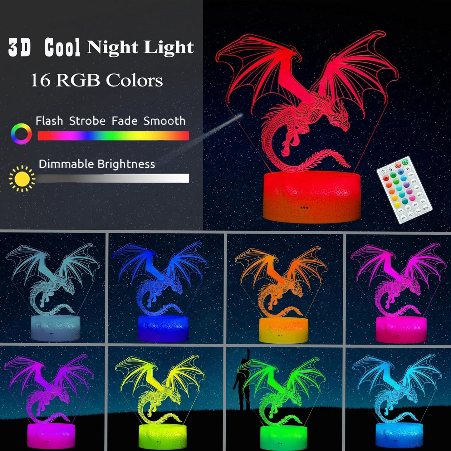 Dragon Night Light, Dragon Gifts, 3D Illusion Lamp with 16 Colors Changing, Timer, 4 Flash Modes and Dimmable, Kids Boys Girls Room Decoration, Holiday Xmas Gifts