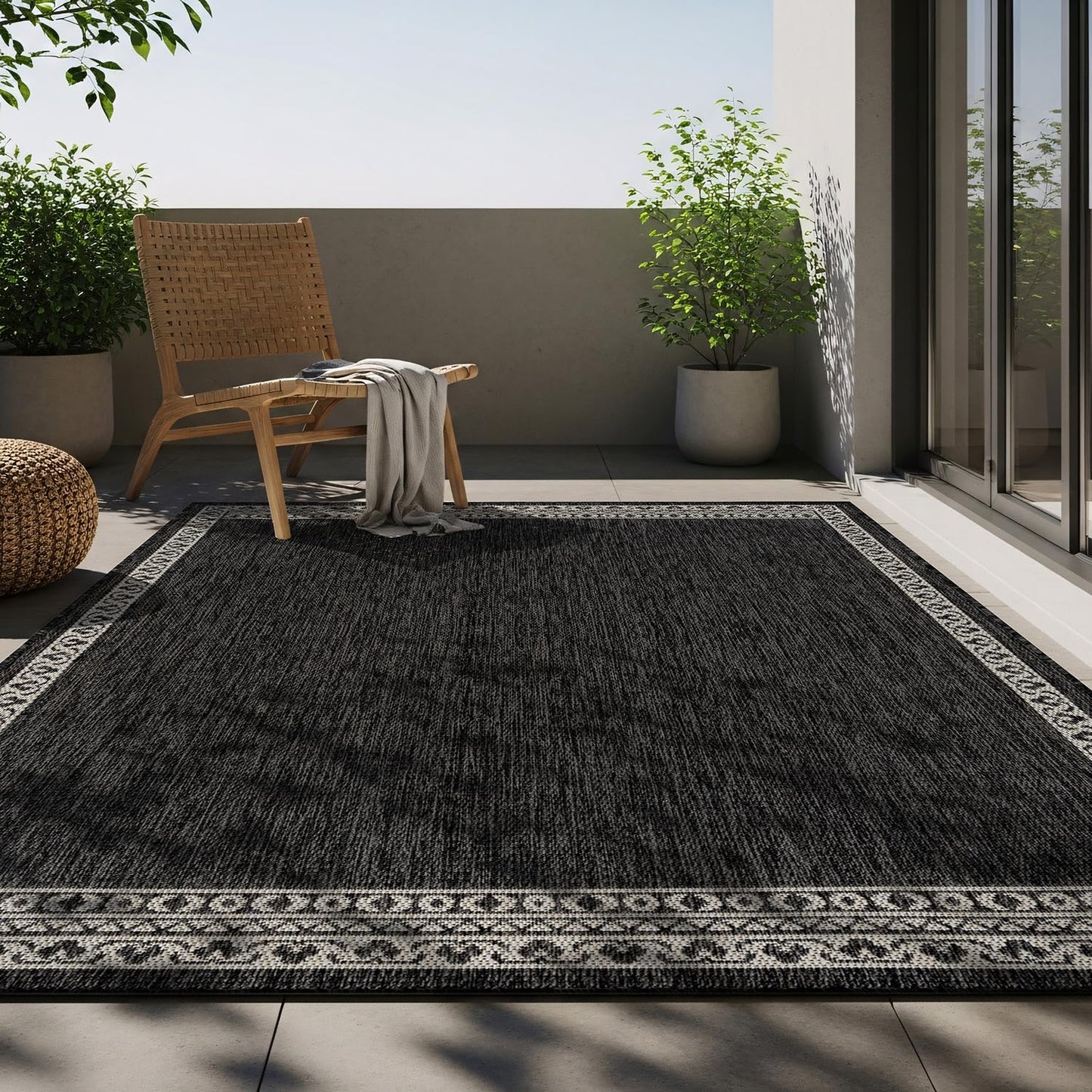 Washable Outdoor Rug 8x10 Modern Area Rugs Outdoor Carpets Bordered Pattern Non Shedding Waterproof Easy Clean Patio Deck Porch Living Room Bedroom Garden RV (8 X 10 Dark Gray)