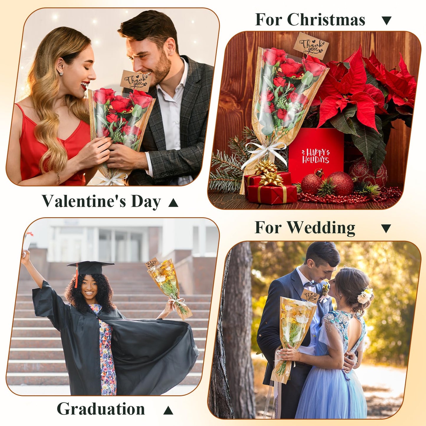 Gilprop 50 Pack 16.5 '' Flower Wrapping Bag Bouquet Kraft Paper Pack Sleeve with Floral Thank Card Holder and Pick Ribbon Flower Bouque Bag for Ot Mouth Thank Teacher, Father's Day, Graduation Gift