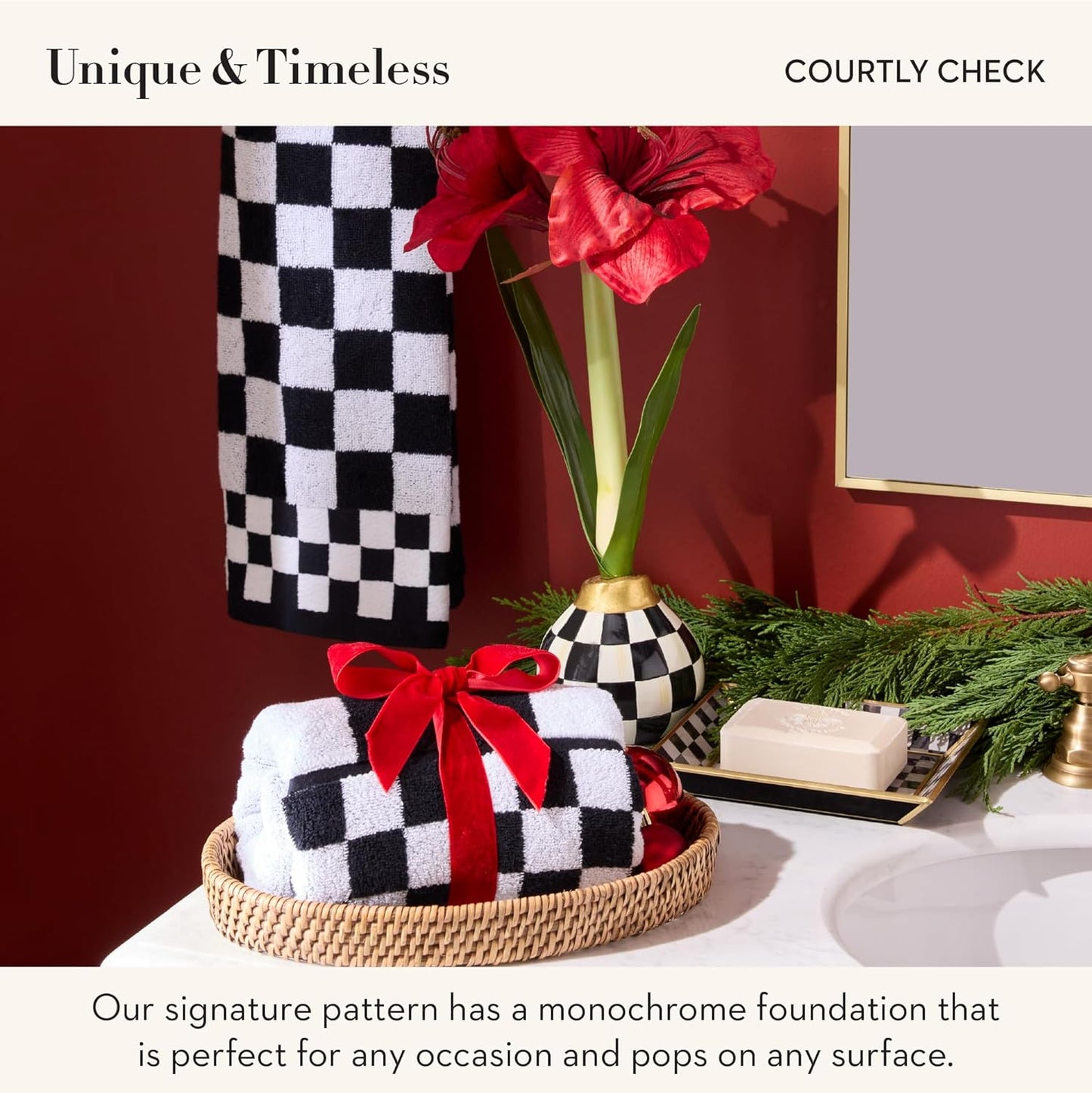 MACKENZIE-CHILDS Glass Tray, Decorative Bathroom Counter Tray, Small, Black-and-White Courtly Check