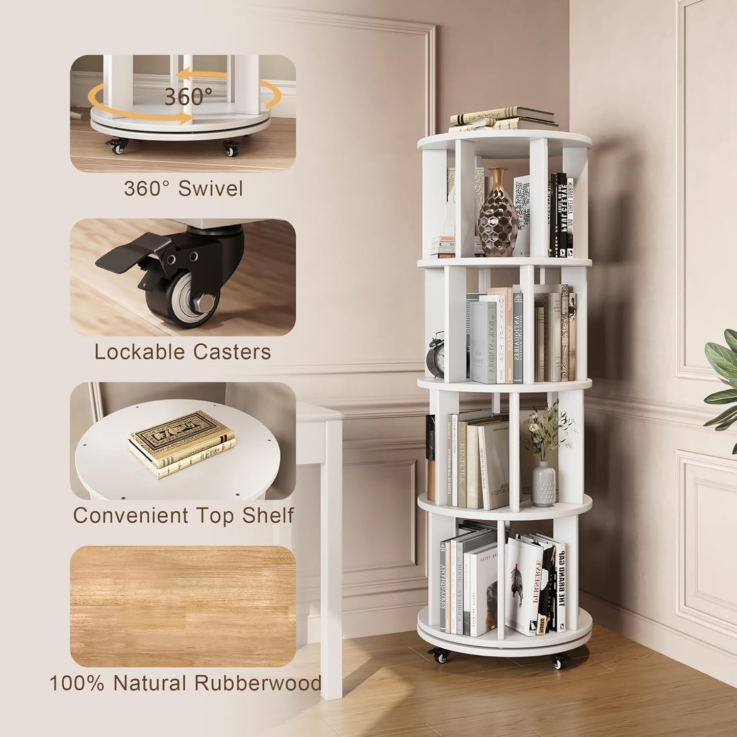 4-Tier Rotating Bookshelf, 360° Spinning Stackable Bookcase, Freestanding Bookshelf for Home Office Study Room Bedroom Living Room