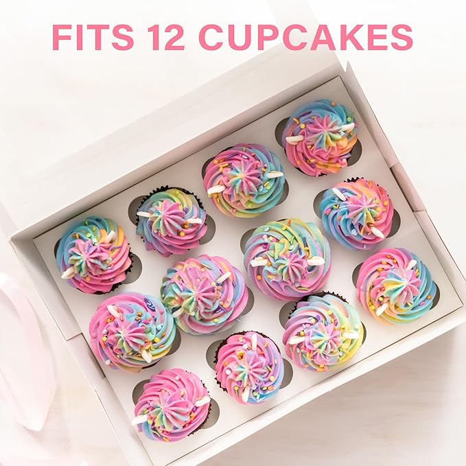 LotFancy Cupcake Boxes 12 Count, 8 Pack, Pre-Folded Cupcake Carrier with Window Holding 96 Cupcakes, Food Grade Cupcake Holders, Disposable Pastry Boxes for Birthday Holiday Party, White