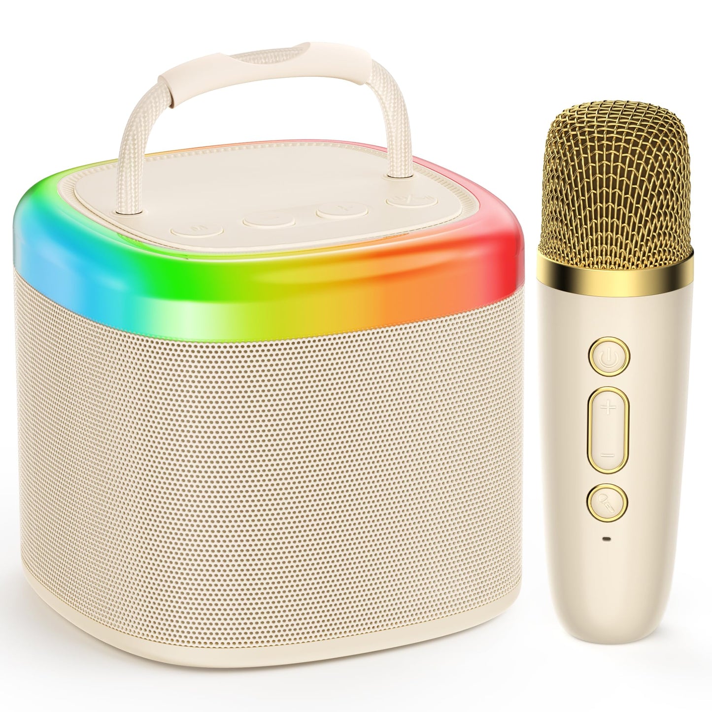 JYX Mini Karaoke Machine for Kids - Beige Bluetooth Speaker with Party Lights and 1 Wireless Microphone, Great for Kids and Adul
