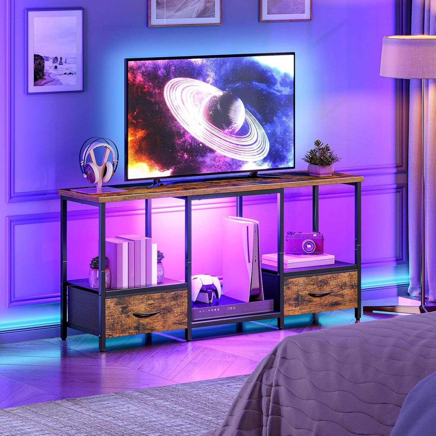 HOOBRO LED TV Stand with Storage, LED Entertainment Center with Open Shelves and Drawer, Fits TVs up to 55", Television Stand for Living Room, Bedroom, Rustic Brown and Black BF123DDS01