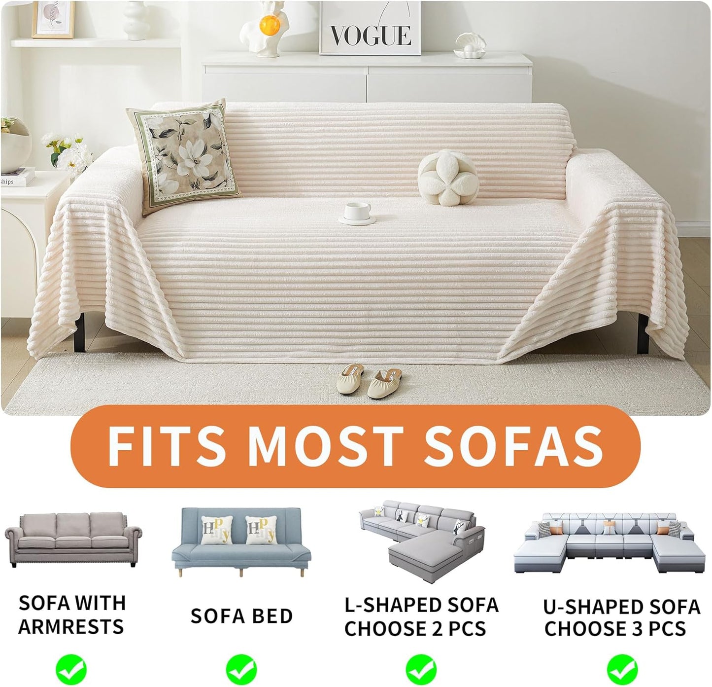 HAOMAIJIA Faux Fur Sofa Covers Couch Covers for 3 Cushion Couch Sofa Pet Friendly Soft Non Slip Couch Cover for Dogs Washable Sectional Couch Covers L Shape Furniture Protector (Off White, 71"x134")