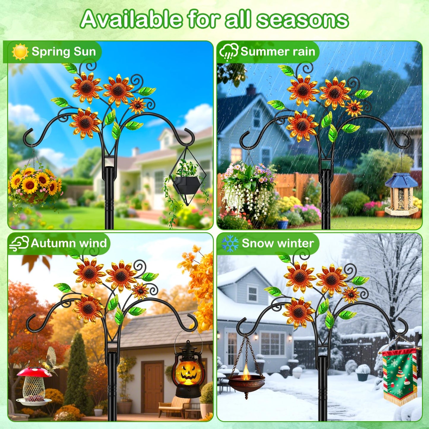 Double Shepherds Hooks for Outdoor, 1 Pack 78 Inch Bird Feeder Pole with 5 Prongs Base, Adjustable Heavy Duty Plant Hangers Sunflower Art for Outdoor Plants Hummingbird Feeder Hanging Basket Lantern