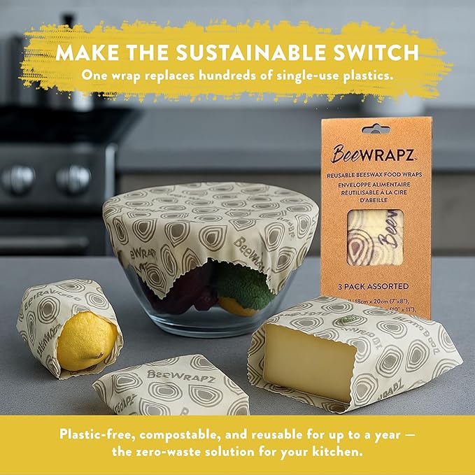 BeeWRAPZ Reusable Beeswax Wraps for Food | Eco Friendly & Organic | Vegan & Plastic-Free Food Storage | Biodegradable |Pack of 3 Beeswax Food Wraps for Wrapping Fruits & Vegetables (Grey)