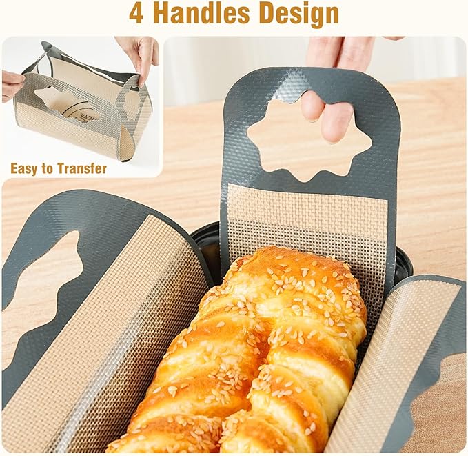 2 Pcs Reusable Silicone Bread Loaf Pan Liner, Food Grade BPA Free Bread Baking Mat, Non-Stick and Heat Resistant Dough Transfer Tool, Sourdough Sling with 4 Handles, Fits 9x5" or 1.5Lb Loaf Pans