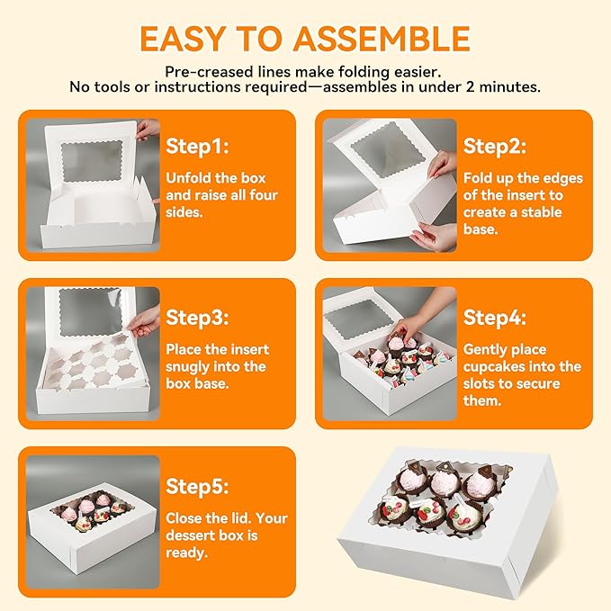 10-Set Cupcake Boxes Bulk with Clear Display Window Hold 12 Standard Cupcakes, Disposable Food Grade White Cupcake Carrier Cupcake Container, Perfect for Cupcakes Muffins Cookies Pastries