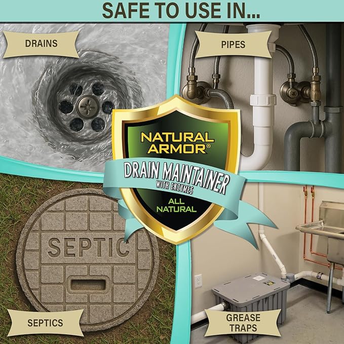 Natural Armor Enzyme Drain Maintainer - Quart Drain Cleaner with Natural Enzyme Power to Prevent Buildup & Odors - Safe for Sinks, Showers, Grease Traps & Septic - Non-Toxic Formula, 2.5 Gallon