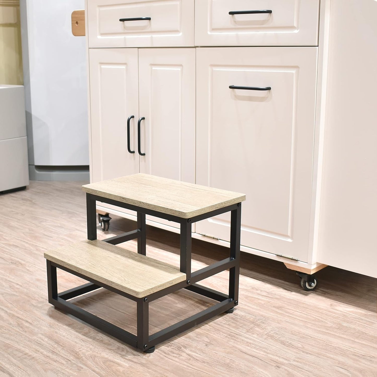 Step Stool, Wood and Metal Step for Adults Kids, Bedside Stepping Stool for High Bed with Round Corners, 2 Steps Foot Stool for Kitchen Bedroom, Load 500 LB, Beige